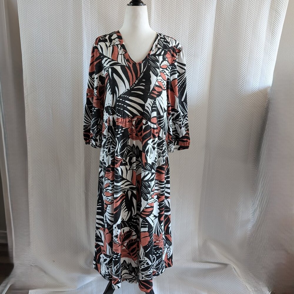 Olsen Botanical Print Midi Dress 100 % Cotton Medium Size 10 Lagenlook Modest